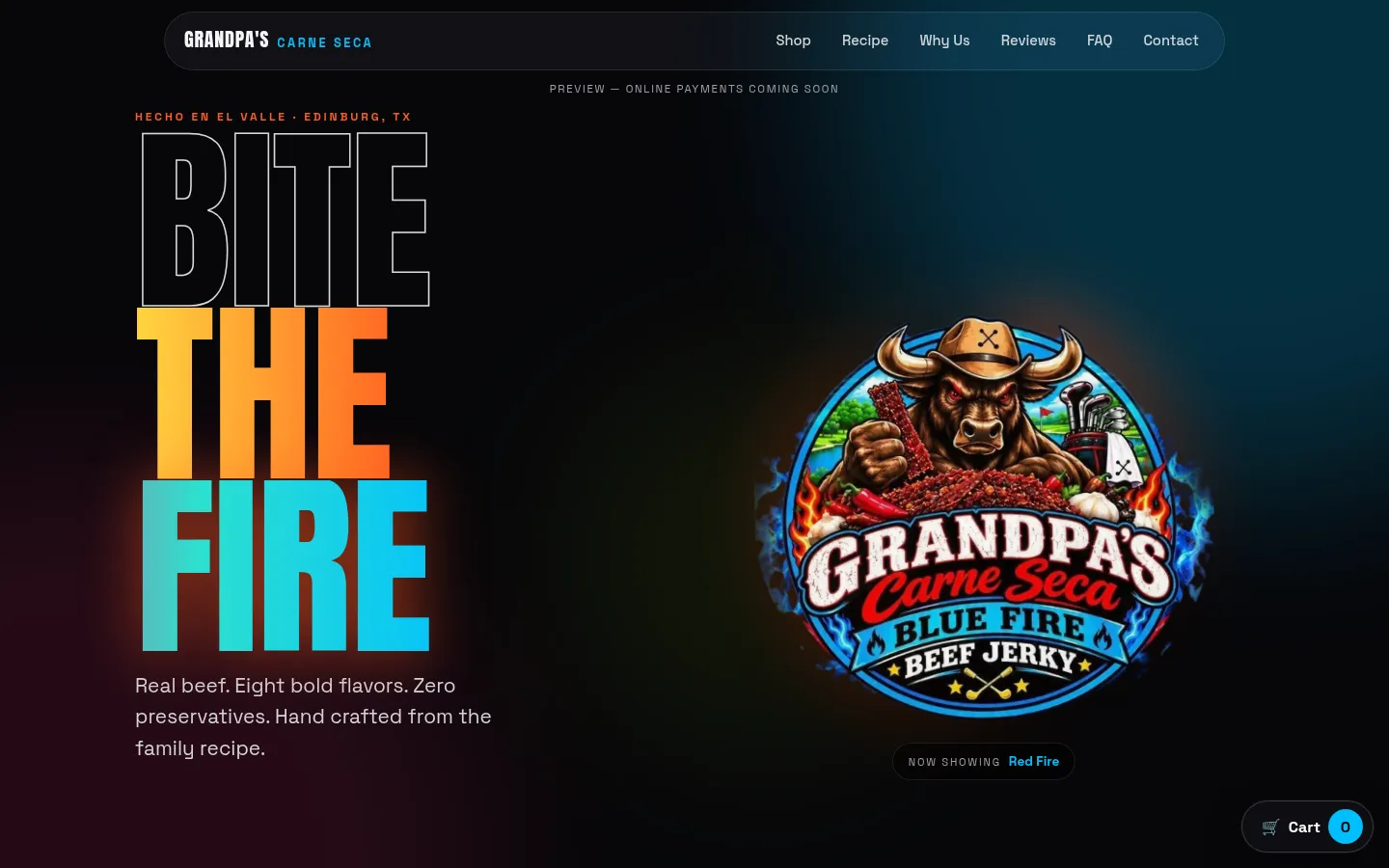 Grandpa's Carne Seca homepage with bold 'Bite the Fire' headline